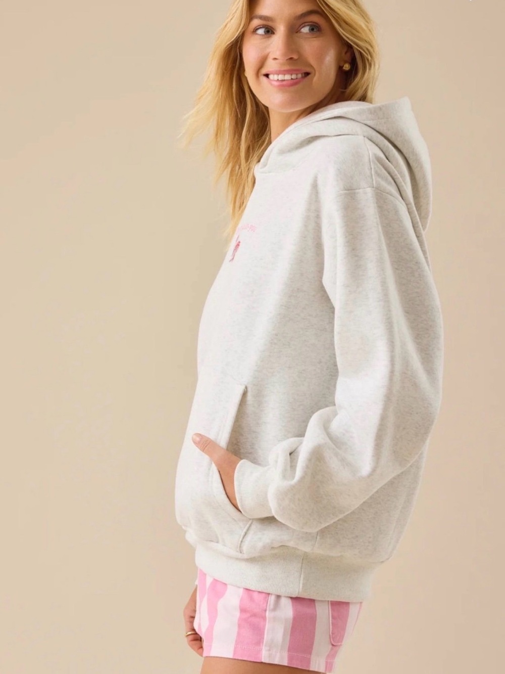 Altar'd State Heather Cream Hoodie Sweater with Pink Graphic - Picture 4 of 7